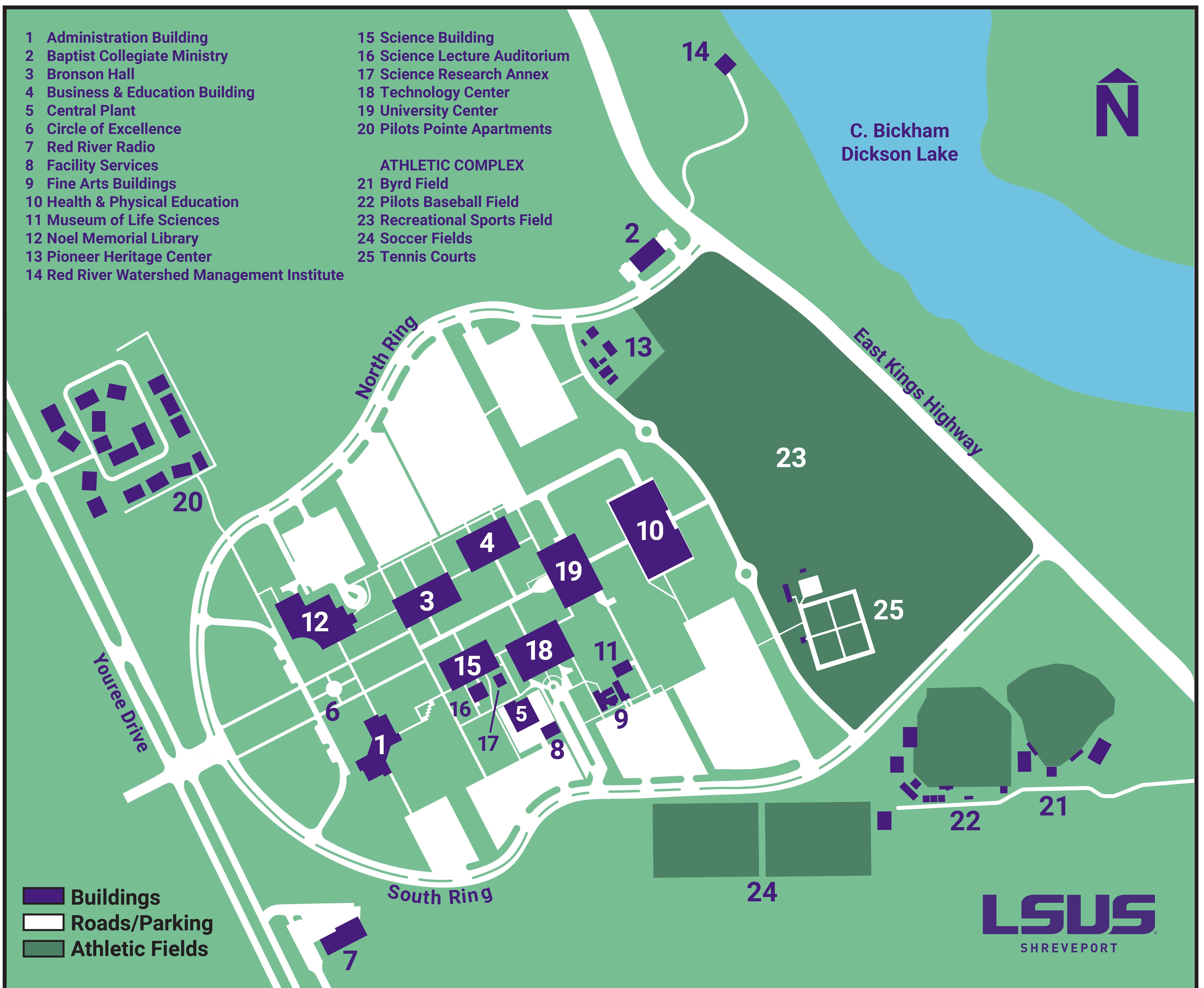 The LSUS Campus Map details building locations, roads and the athletic fields of LSU Shreveport via a numbered list with corresponding graphics. Additional wayfinding assistance is available from the LSUS Campus Police at 318-455-5497.